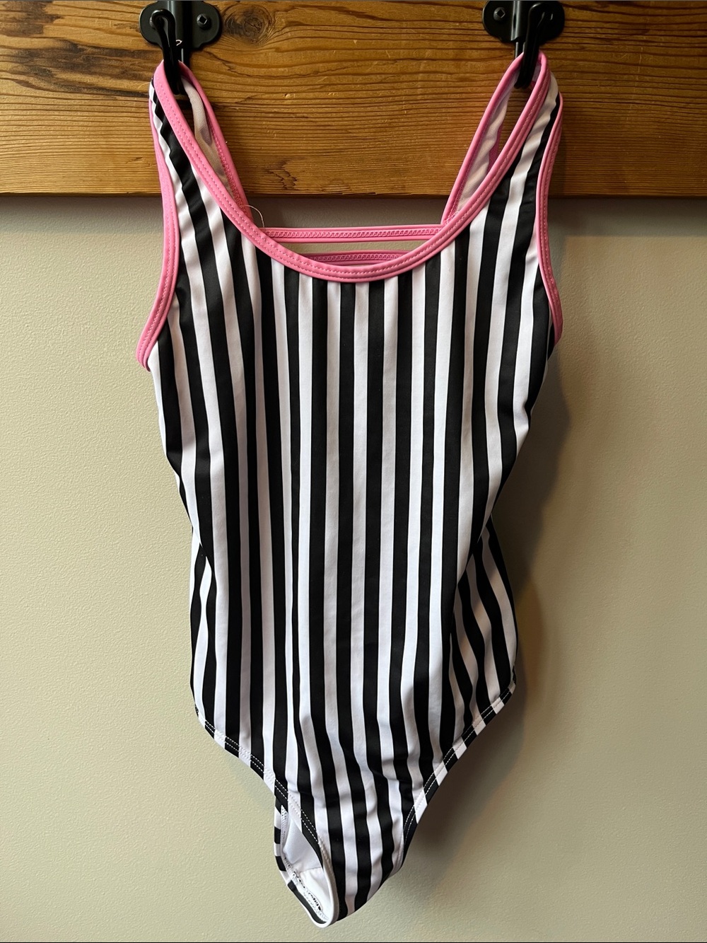 Vigoss Black and White Stripe One-Piece Swimsuit with Pink Trim